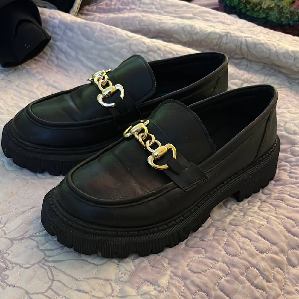 Black Chunky Loafers with Gold Chain